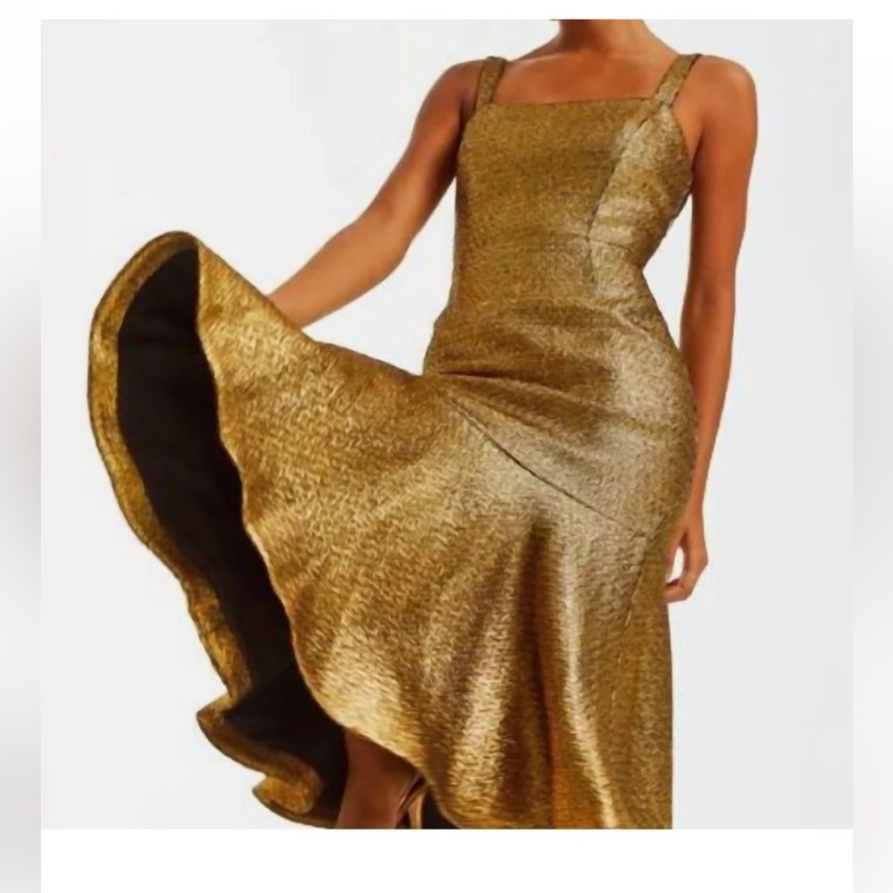 Mestiza NY Gold Trumpet Hem Square Neck Jody Metallic Tweed Occasion Midi Dress